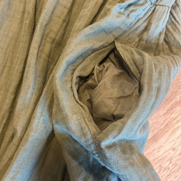 Boho Chic Olive Green Flutter Sleeve Babydoll Dress | 100% Cotton Tiered V-Neck - Picture 6 of 7